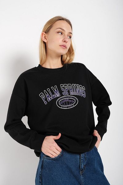 MODAGEN Women's Black Palm Springs Printed Crew Neck Oversize Sweatshirt