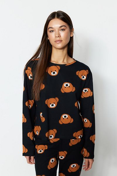 Trendyol Collection Schwarzes Teddybär-Strick-Pyjama-Set aus 100 % Baumwolle THMAW23PT00514