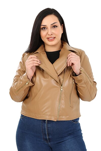 DISENTIS MODEST Plus Size Double-breasted Zipper Detailed Pocket Lined Beige Short Leather Coat