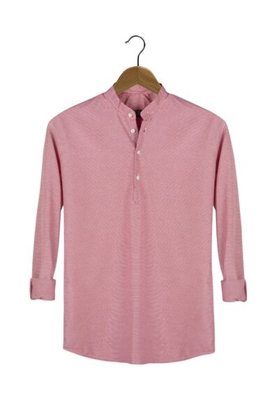 VEAVEN Erkek Hakim Yaka Uzun Kollu Desenli Kırmızı Gömlek