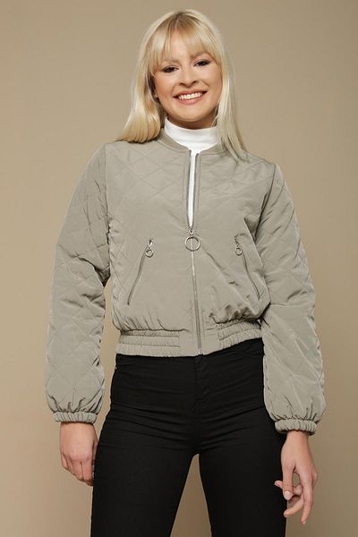 Select Moda Women's Khaki Pocketed Quilted Bomber Jacket