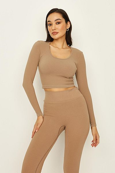 Select Moda Γυναικεία καφέ στρογγυλή μπλούζα με λαιμόκοψη