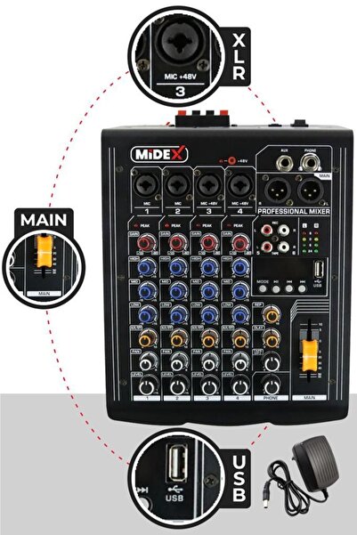 Midex Mp-400 Amfili Power Mikser 2x200 Watt 4 Kanal (bluetooth Usb Efekt Kayıt)