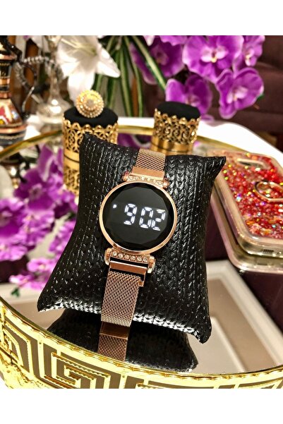 ÇENÇEN Kadın Taşlı Rose Çelik Kasa Mıknatıs Kordon Dijital Led Dokunmatik Kol Saati