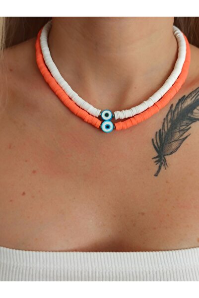 DENİZDENAL مجموعة قلادة صيفية من خرز عين الشر باللونين البرتقالي والأبيض مكون...