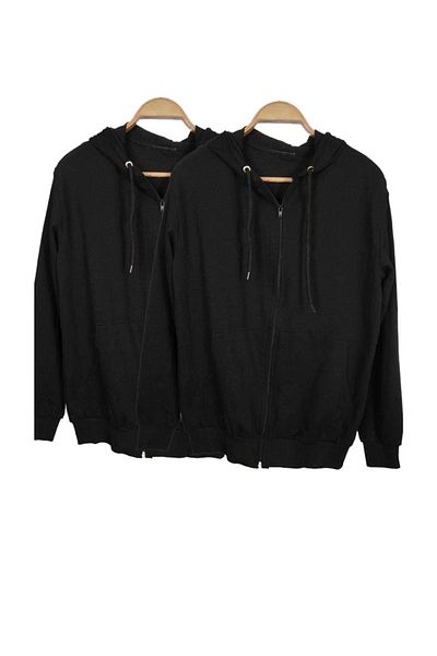 FATELLA Unisex Hooded Zippered Pocket Thin Combed Cotton Basic Sweatshirt Cardigan 2-Piece