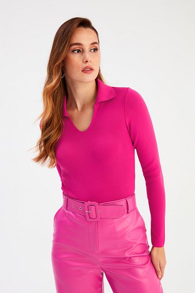 Sateen Polo Neck Sweater - Fuchsia