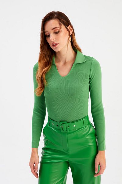 Sateen Tricotaj cu gât polo - verde