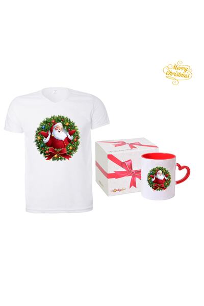 HediyeMania Tricou alb cu tema de Crăciun cu design de Moș Crăciun cu imprimeu Tricou de Anul Nou și cană cu mâner în formă de inimă roșie