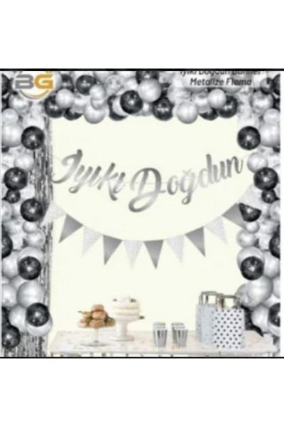 MFM Party Happy Birthday Ασημένιο πανό με γράμματα και μεταλλικό σημαιάκι