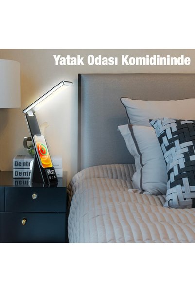 Memo Dijital Saatli 15w Kablosuz Şarjlı Led Işıklı Katlanabilir Masa Lambası Beyaz