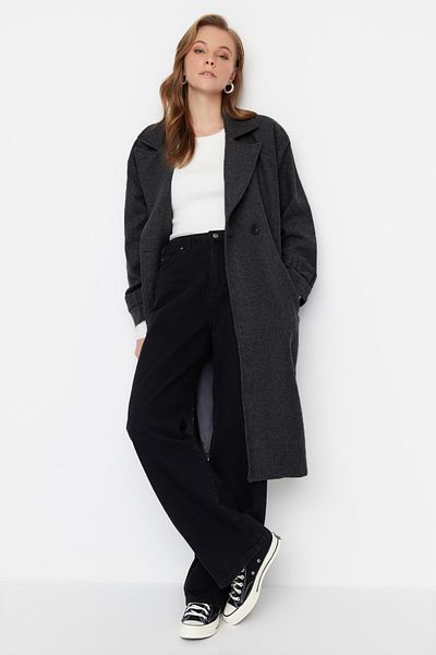 Trendyol Collection Antracitový oversize široký střih s páskem dlouhý vlněný kabát TWOAW22KB0015