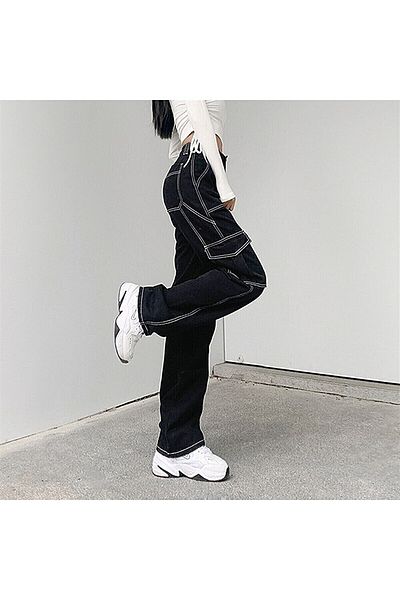 LİMABEL Women's High Waist White Stitched Black Cargo Pocket Jeans Cargo Pocket Palazzo