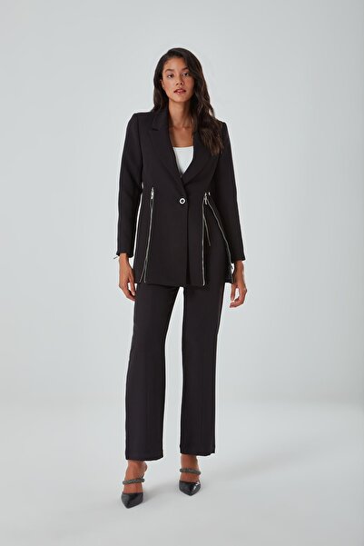 Mizalle Fermuar Detaylı Siyah Pantolon