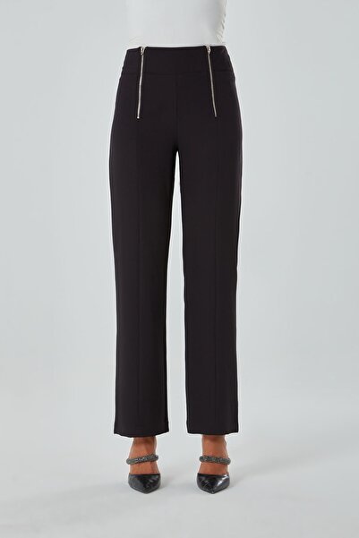 Mizalle Fermuar Detaylı Siyah Pantolon