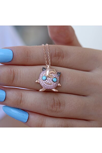 Takı Boom Pokemon Kolye, Jigglypuff Pokemon Gümüş Kolye, Pembe Taşlı 925 Ayar...