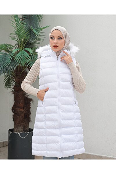 Hepmor Kadın Beyaz Uzun Şişme Yelek