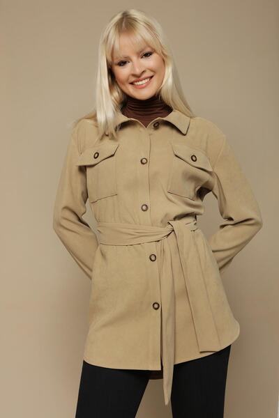 Select Moda Γυναικείο καστόρι με κουμπιά καφέ με ζώνη