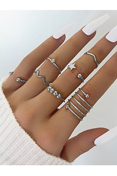 Ervalina Minimal Design Set of 7 Rings 1532 (4 OF 4 ADJUSTABLE) Silver Color 1532