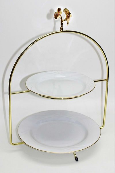 Jenisa 2-Tier Gold Shelf with Leaf Accessories Presentation Holder Catering Stand