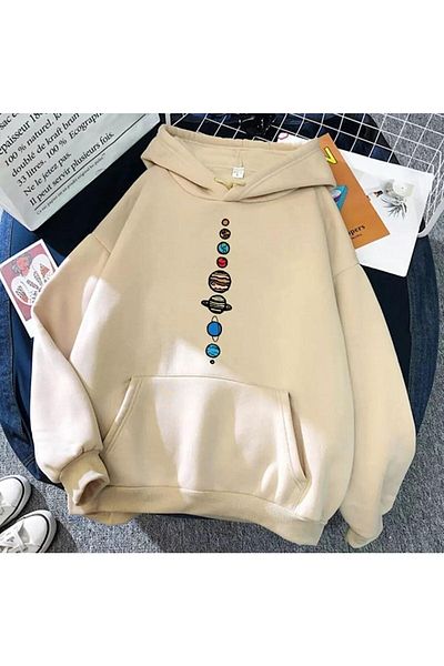 Keywest Unisex Plus Size 'nine Planets' Μπεζ φούτερ με κουκούλα με στάμπα