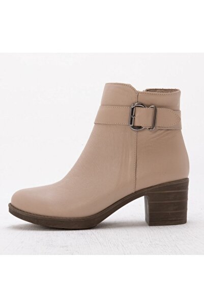 BRGL Kadın Hakiki Deri Ortopedik Kalın Topuklu Bej Cilt Bot