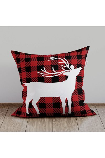 menesahome New Year's Deer Plaid Throw Pillow Cover, Christmas Deer Throw Pillow Cover, Deer Plaid Patterned Throw Pillow Cover