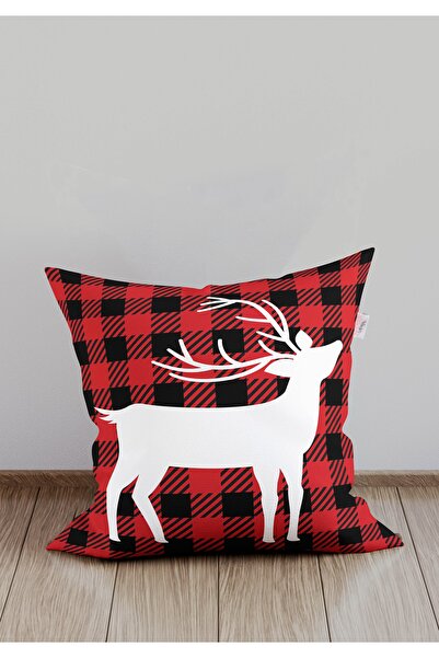 menesahome New Year's Deer Plaid Throw Pillow Cover, Christmas Deer Throw Pillow Cover, Deer Plaid Patterned Throw Pillow Cover