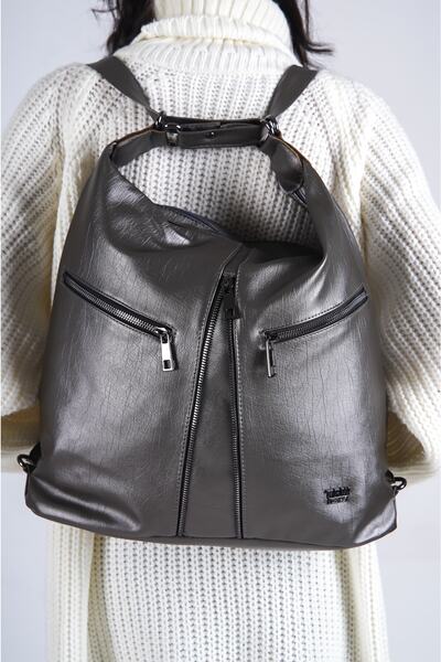 Solo Bag Kadın Gümüş Yumuşak Yıkanmış Deri Hem Kol Hem Sırt Çantası