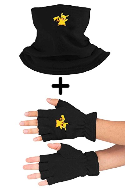 Zeron Tasarım Pikachu Mănuși Negre Decupate Gât Guler Set de 2 Polar Bll1106