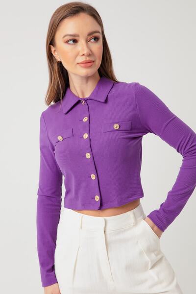 Lafaba Women's Purple Buttoned Short Knitted Blouse
