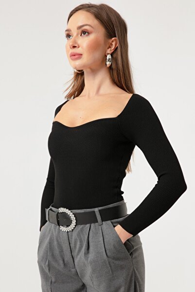 Lafaba Pulover de damă, negru, cu gât cu inimă, cu nervuri