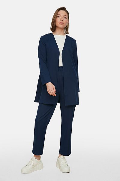 Trendyol Modest Navy Blue Belted Jacket-Pant Woven Suit TCTSS21AU0313