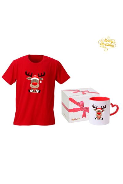 HediyeMania Set cadou de Anul Nou, tricou roșu și cană cu mâner în formă de inimă roșie, special de Crăciun, Moș Crăciun cu imprimeu