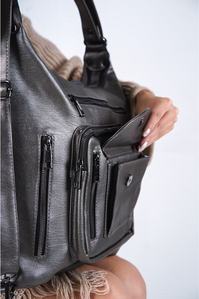 Solo Bag Kadın Yumuşak Deri Gümüş Hem Kol Hem Sırt Çantası