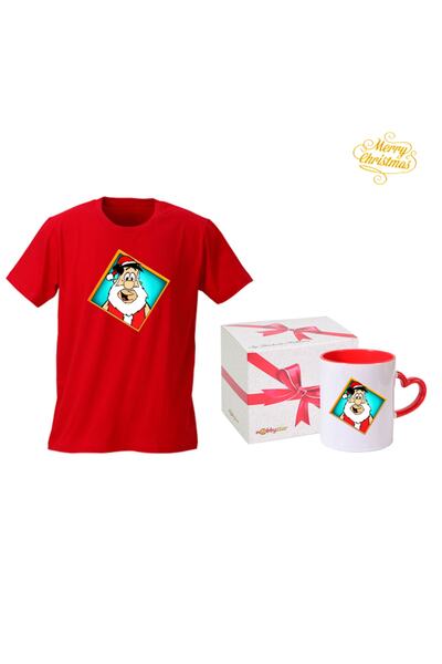 HediyeMania Fred Çakmaktaş cu imprimeu Tricou roșu special de Anul Nou și cană cu mâner în formă de inimă roșie Cadou de Anul Nou