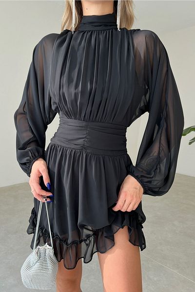 lovebox Gefütterter Chiffonstoff, tiefer Rückenausschnitt, langärmliges schwarzes Abendkleid 066