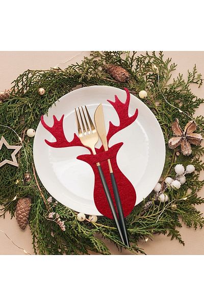 Denseden 6 Pieces Red Christmas Set - Deer Decorative Spoon Holder