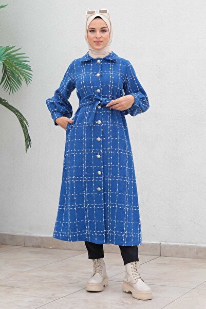 Modamihram Düğmeli Kaşe Kaban Mavi 19600