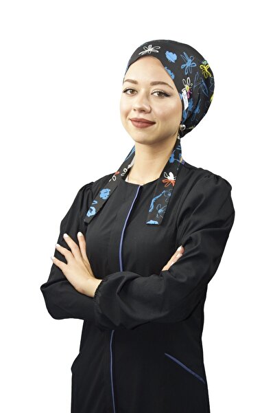 Nur Ortopedi Kadın Tesettür Lacivert Çiçekli Doktor Hemşire Hastane Aşçı Bonesi