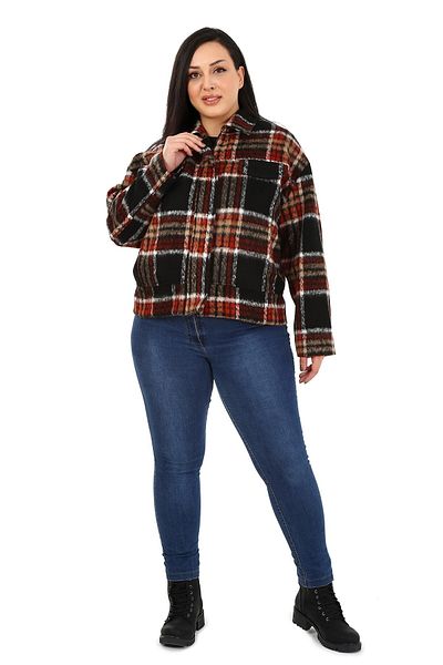 DISENTIS MODEST Stamped Short Black Coat - Plus Size, Shirt Collar, Zippered and Lined