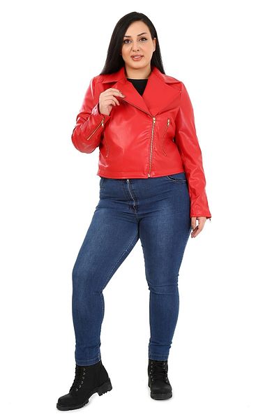 DISENTIS MODEST Large Size Double-breasted Zipper Detailed Pocket Lined Red Short Leather Coat