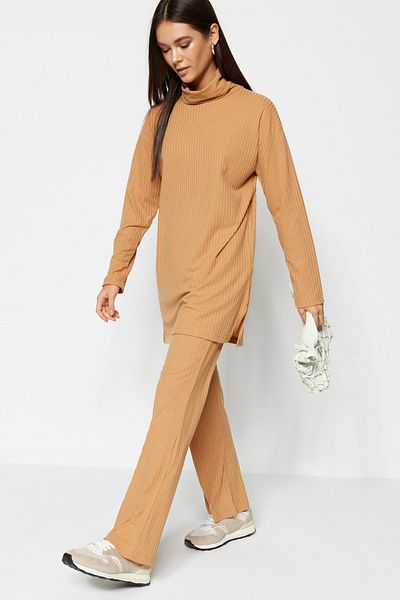 Trendyol Modest Camel Turtleneck Tunic-Pants Knitted Set TCTAW23US00126