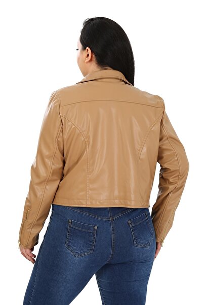 DISENTIS MODEST Plus Size Double-breasted Zipper Detailed Pocket Lined Beige Short Leather Coat