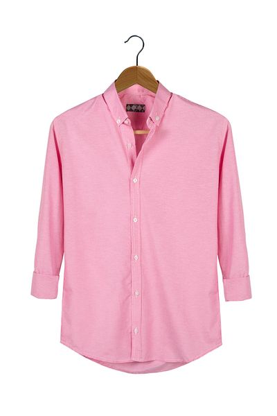 VEAVEN Men's Pink Thick Vertical Striped Long Sleeve Button Collar Slim Fit Shirt