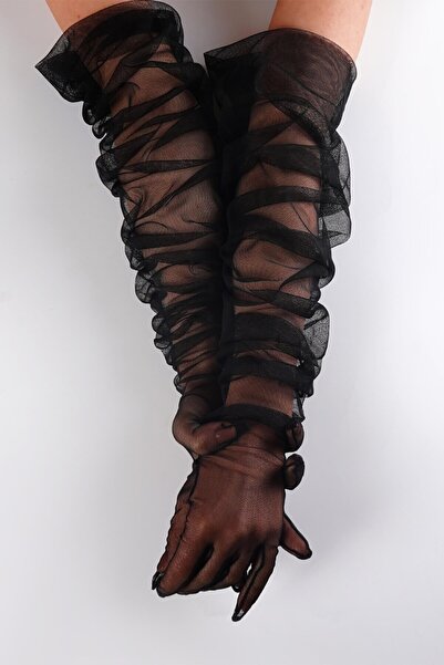 Hobigram قفازات العروس لفستان السهرة، إكسسوار زي طويل، قفازات تول سوداء - إكسسوار العروس، تصميم أنيق - G