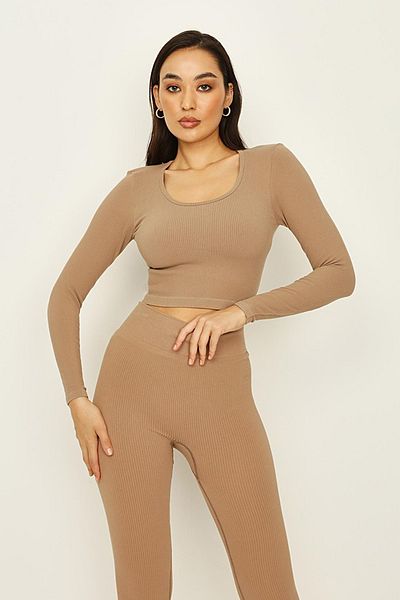 Select Moda Γυναικεία καφέ στρογγυλή μπλούζα με λαιμόκοψη
