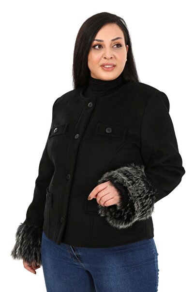 DISENTIS MODEST Büyük Beden Kolu Kürklü Sahte Cepli Astarlı Kısa Siyah Ceket