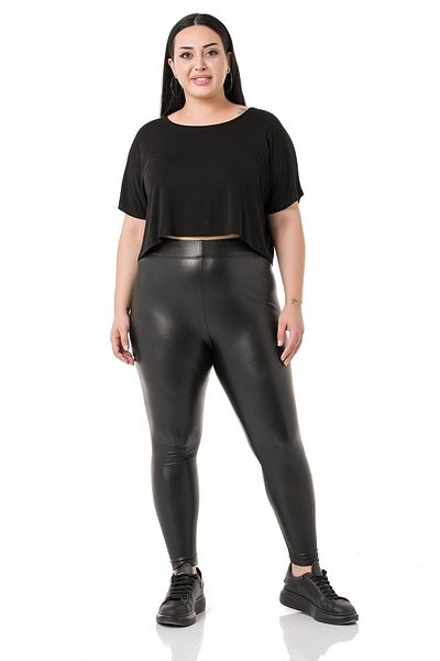 DISENTIS MODEST Large Size Elastic Waist Ankle Length Black Leather Leggings