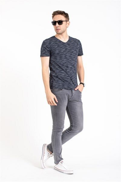 Villager&Son Vs V Neck Basic T-shirt με μανίκια Navy Blue/ριγέ